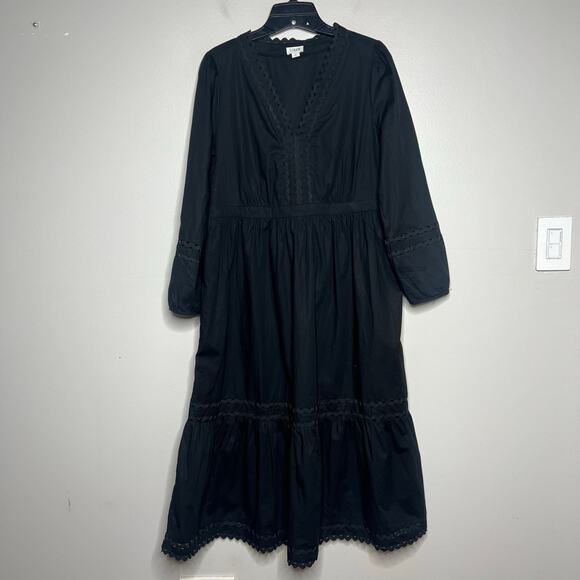 J.Crew Long Sleeve Eyelet-Trim Tiered Midi Dress Cotton Poplin Size SV-Neck Boho - Picture 2 of 15